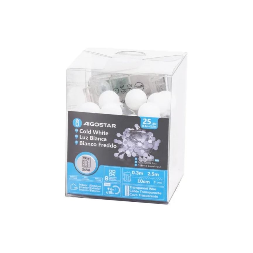 Aigostar - LED Außen-Weihnachtslichterkette 25xLED/3xAA/8 Funktionen 2,8 m IP44 kaltweiß