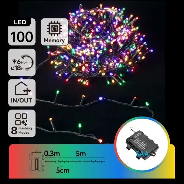 Aigostar - LED-Lichterkette für den Außenbereich, 100 LEDs, 8 Funktionen, 3x AA, 5,3 m, IP44, mehrfarbig