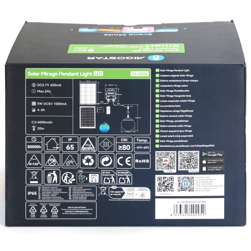 Aigostar - LED RGB Dimmbare Solar-Hängeleuchte MESH LED/20W/3,7V 4000 mAh 2700K-6500K IP65 d 15 cm