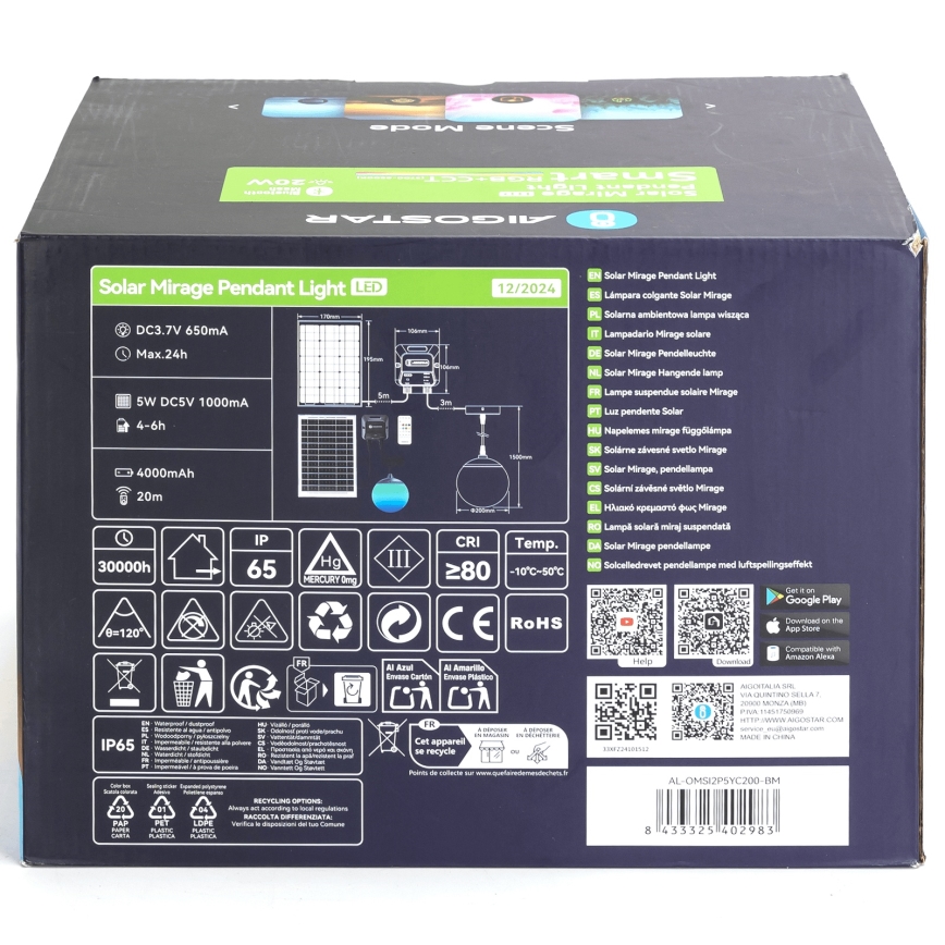 Aigostar - LED RGB Dimmbare Solar-Hängeleuchte MESH LED/20W/3,7V 4000 mAh 2700K-6500K IP65 d 20 cm