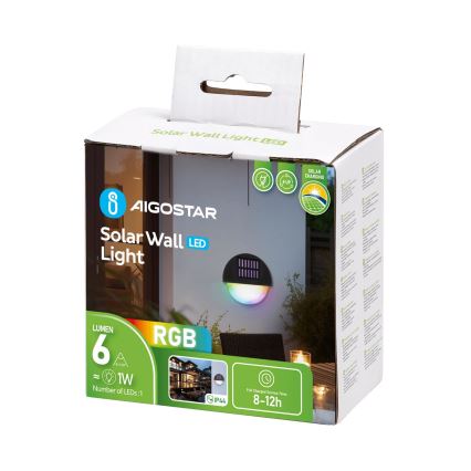 Aigostar - LED RGB Solar-Wandleuchte LED/1W/1,2V schwarz IP44 200 mAh