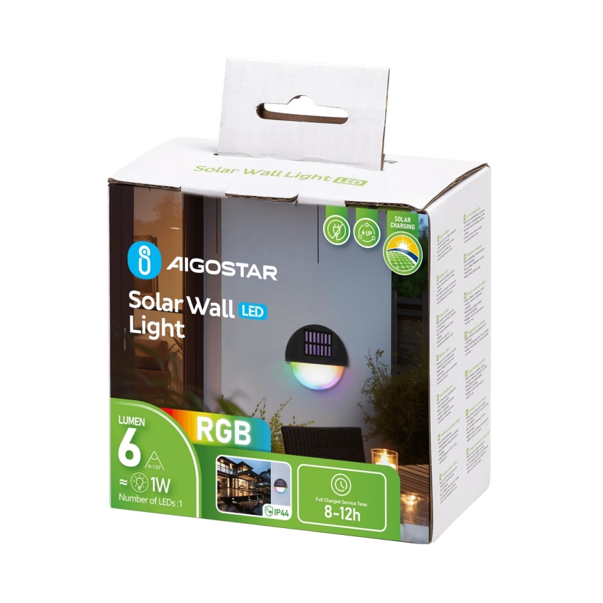 Aigostar - LED RGB Solar-Wandleuchte LED/1W/1,2V schwarz IP44 200 mAh