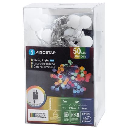 Aigostar - Dekorative LED-Lichterkette für den Außenbereich, 50 LEDs, 8 Funktionen, 5 m, IP44, mehrfarbig