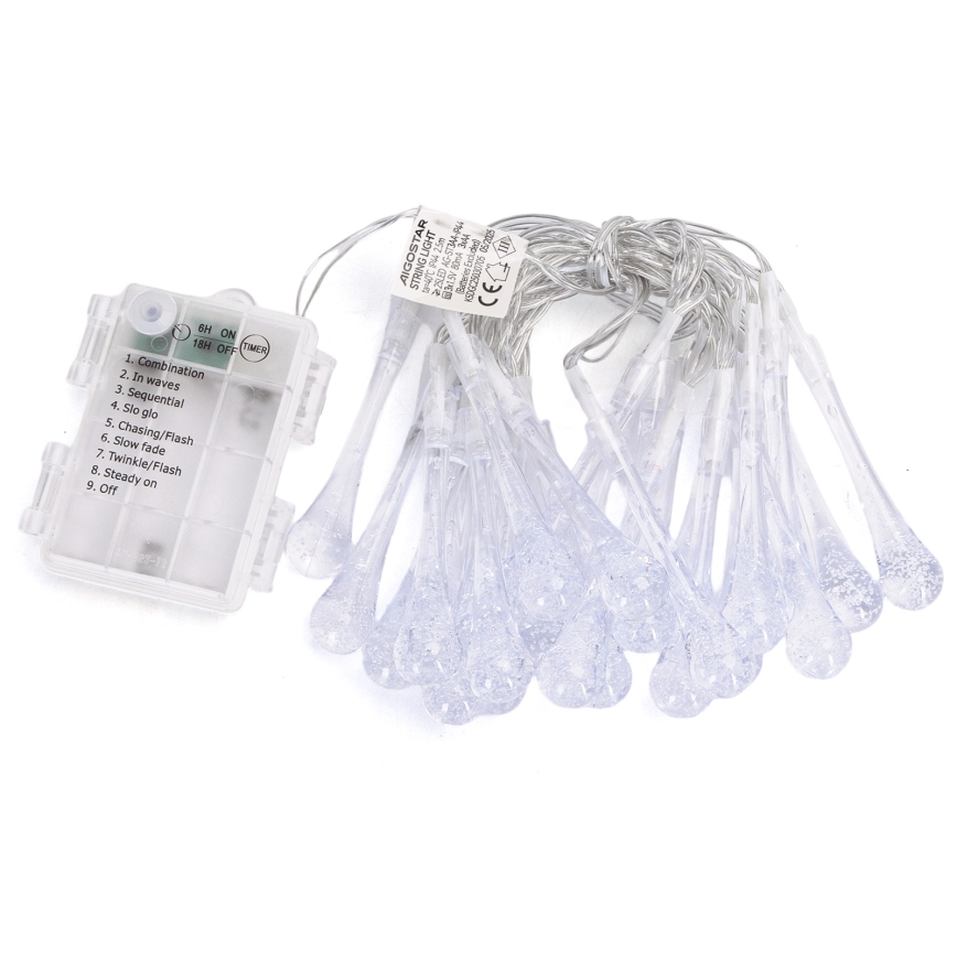Aigostar - LED-Außen-Weihnachtslichterkette, 25 LEDs, 8 Funktionen, 3×AA-Batterien, 2,5 m, IP44, mehrfarbige Tropfen