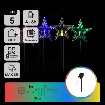 Aigostar - LED RGBY Solar-Weihnachtsbeleuchtung 5xLED/1,2V/8 Funktionen 1m IP65 800mAh Sterne