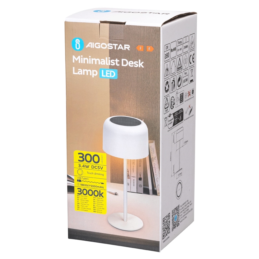 Aigostar - LED Solar dimmbare wiederaufladbare Tischlampe LED/3W/5V 2200mAh weiß IP54