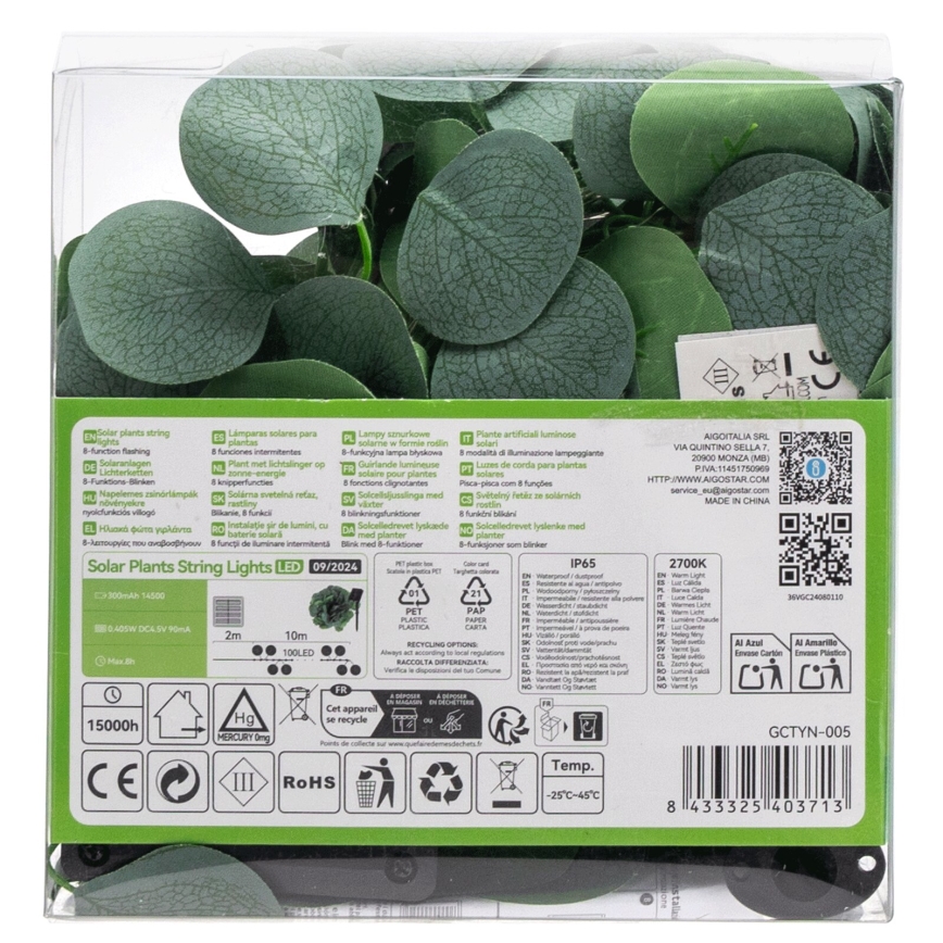 Aigostar - LED Solar-Lichterkette 100xLED/12m IP65 300 mAh warmweiß Eukalyptus