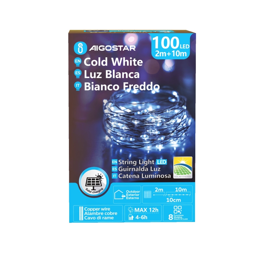 Aigostar - LED Solar-Weihnachtslichterkette 100xLED/8 Funktionen 12m IP65 800 mAh kaltweiß