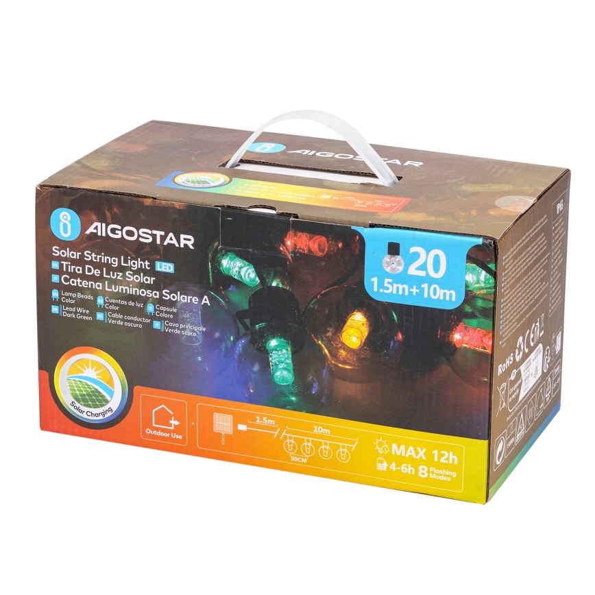 Aigostar - LED Solar-Weihnachtslichterkette 20xLED/8 Funktionen 11,5m IP65 mehrfarbig