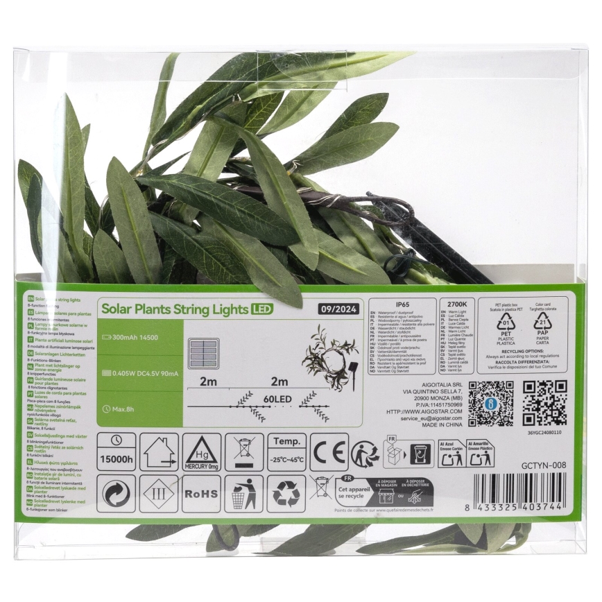 Aigostar - LED Solar-Lichterkette 60xLED/4m IP65 300 mAh warmweiß Olive
