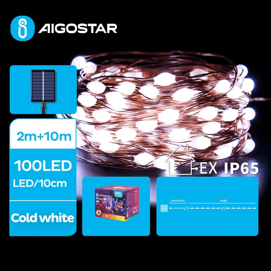Aigostar - LED Solar-Weihnachtslichterkette 100xLED/8 Funktionen 12m IP65 800 mAh kaltweiß