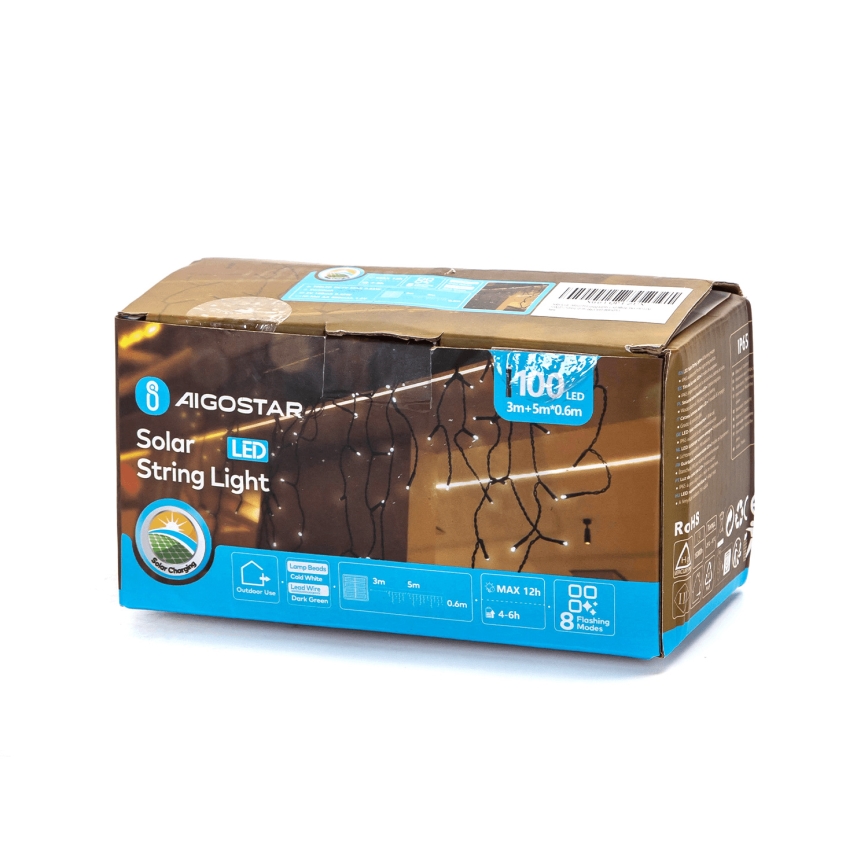 Aigostar - LED-Solar-Weihnachtslichterkette 100xLED/8 Funktionen 8x0,6m 500 mAh IP65 kaltweiß