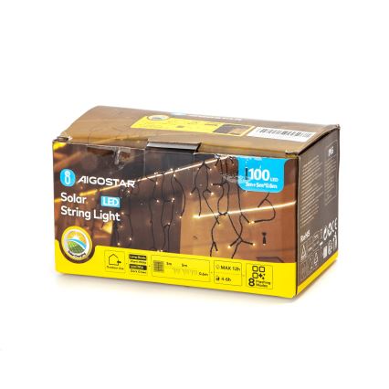 Aigostar - LED-Solar-Weihnachtslichterkette 100xLED/8 Funktionen 8x0,6m 800 mAh IP65 warmweiβ