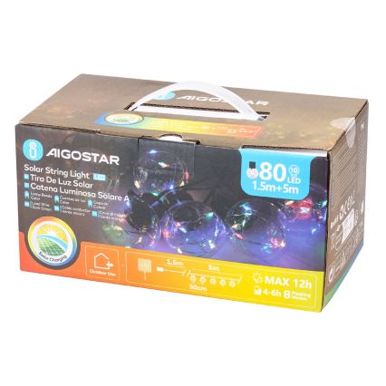 Aigostar - LED-Solar-Weihnachtslichterkette 10xLED/8 Funktionen 6,5m IP65 500 mAh mehrfarbig