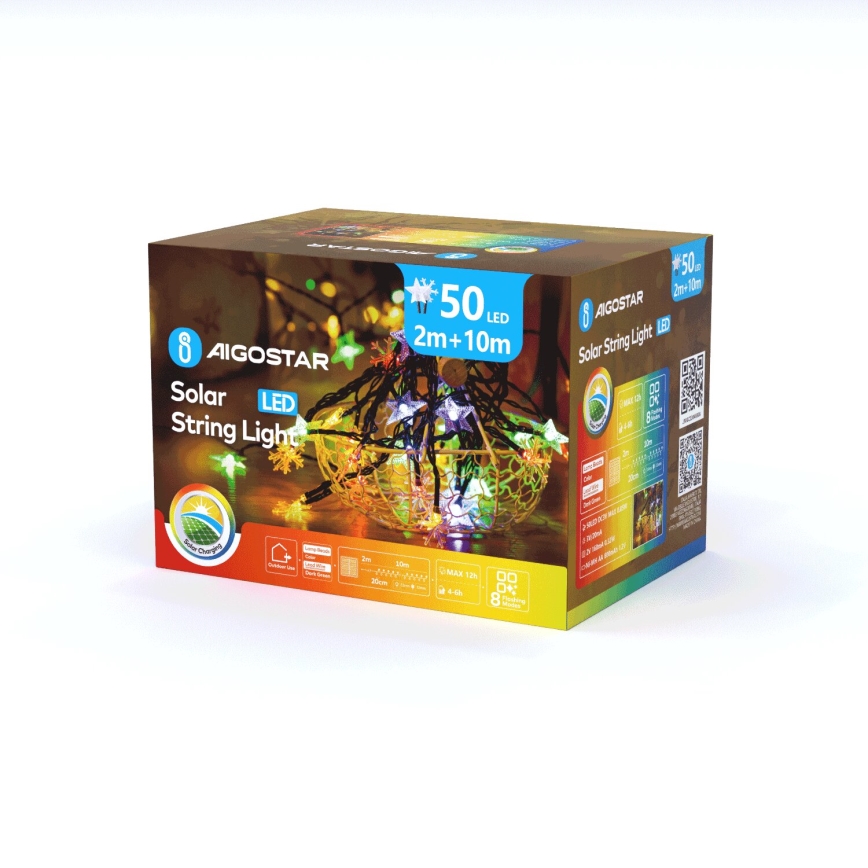 Aigostar - LED-Solar-Weihnachtslichterkette 50xLED/8 Funktionen 800 mAh 12m IP65 mehrfarbig
