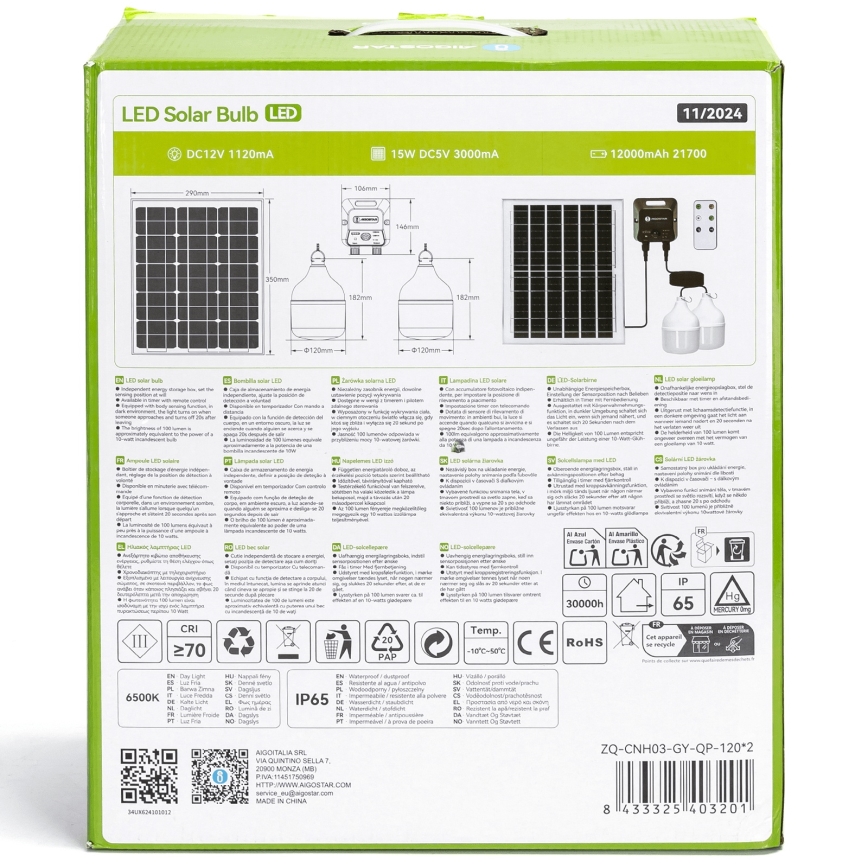 Aigostar - LED-Solarhängeleuchte mit Sensor 2xLED/70W/12V 12000 mAh 6500K d 12 cm + Fernbedienung