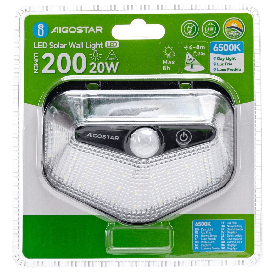 Aigostar - LED-Solarleuchte mit Sensor, LED 3,7 V, 6500 K, 500 mAh, IP65, schwarz