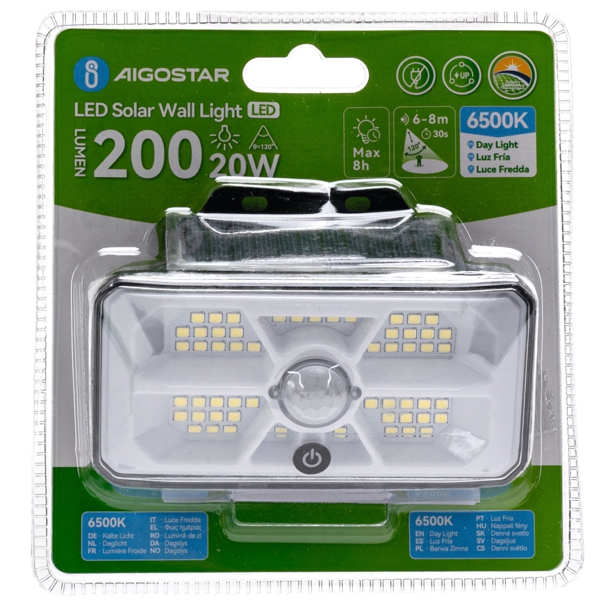 Aigostar - LED-Solarleuchte mit Sensor LED/3,7V 6500K 500 mAh IP65 schwarz