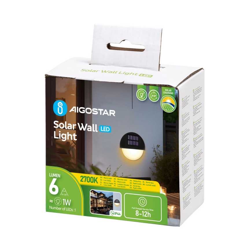 Aigostar - LED-Solarwandleuchte LED/1W/1,2V schwarz 200 mAh 2700K IP44