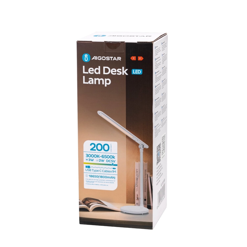 Aigostar - LED dimmbare wiederaufladbare Touch-Schreibtischlampe LED/3W/5V 2700/4000/6500K 1800 mAh