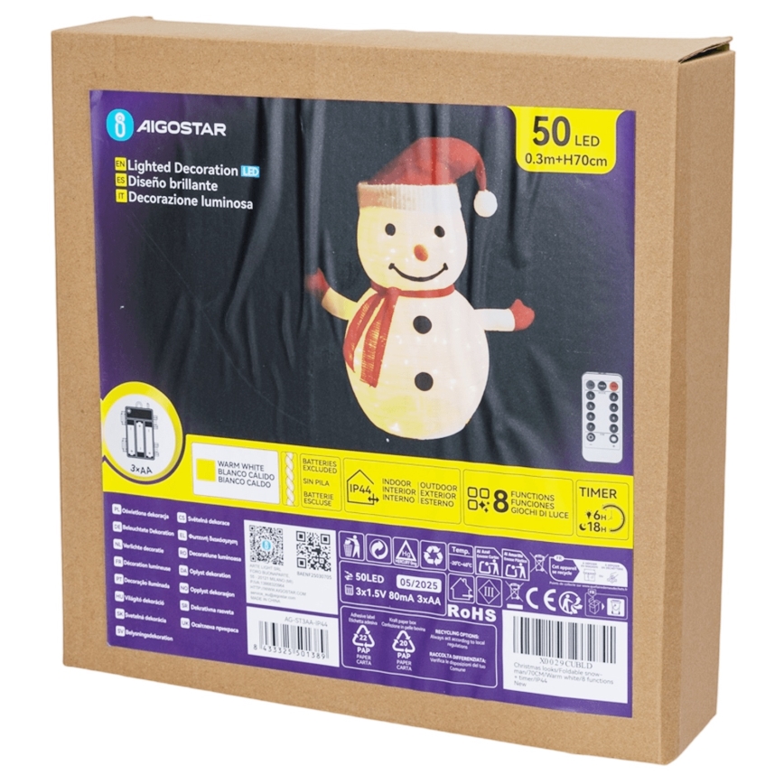 Aigostar - LED-Weihnachtsdekoration für den Außenbereich 50xLED/3xAA 0,7m IP44 Schneemann + Fernbedienung