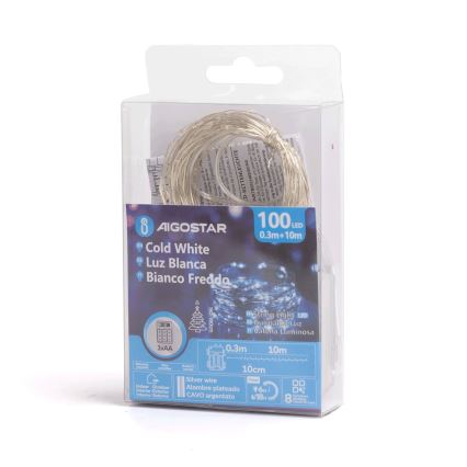 Aigostar - LED-Weihnachtslichterkette für den Außenbereich 100xLED/8 Funktionen/3xAA 10,3m IP44 kaltweiß