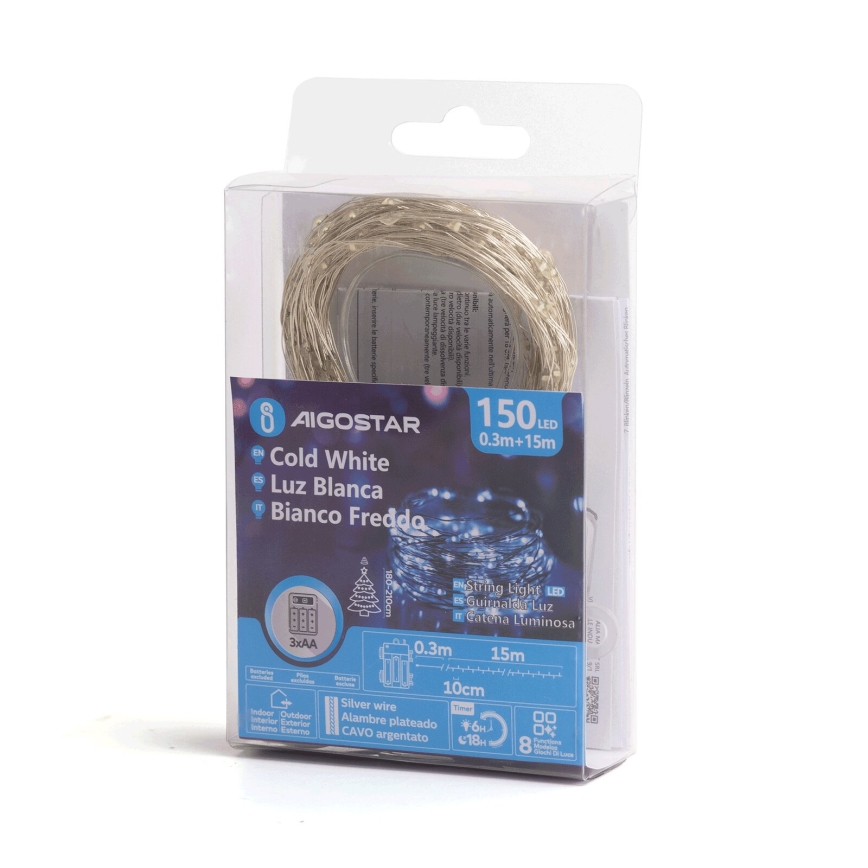 Aigostar - LED-Weihnachtslichterkette für den Außenbereich 150xLED/8 Funktionen/3xAA 15,3m IP44 kaltweiß