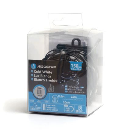 Aigostar - LED-Weihnachtslichterkette für den Außenbereich 150xLED/8 Funktionen/3xAA 15,3m IP44 kaltweiß