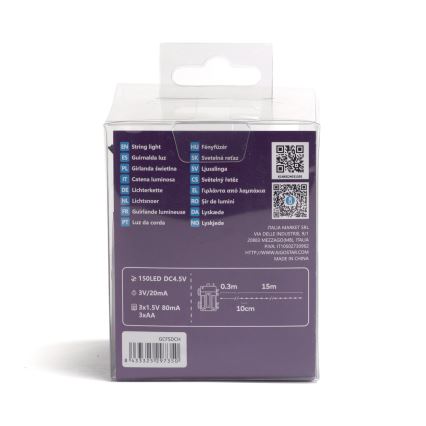 Aigostar - LED-Weihnachtslichterkette für den Außenbereich 150xLED/8 Funktionen/3xAA 15,3m IP44 kaltweiß