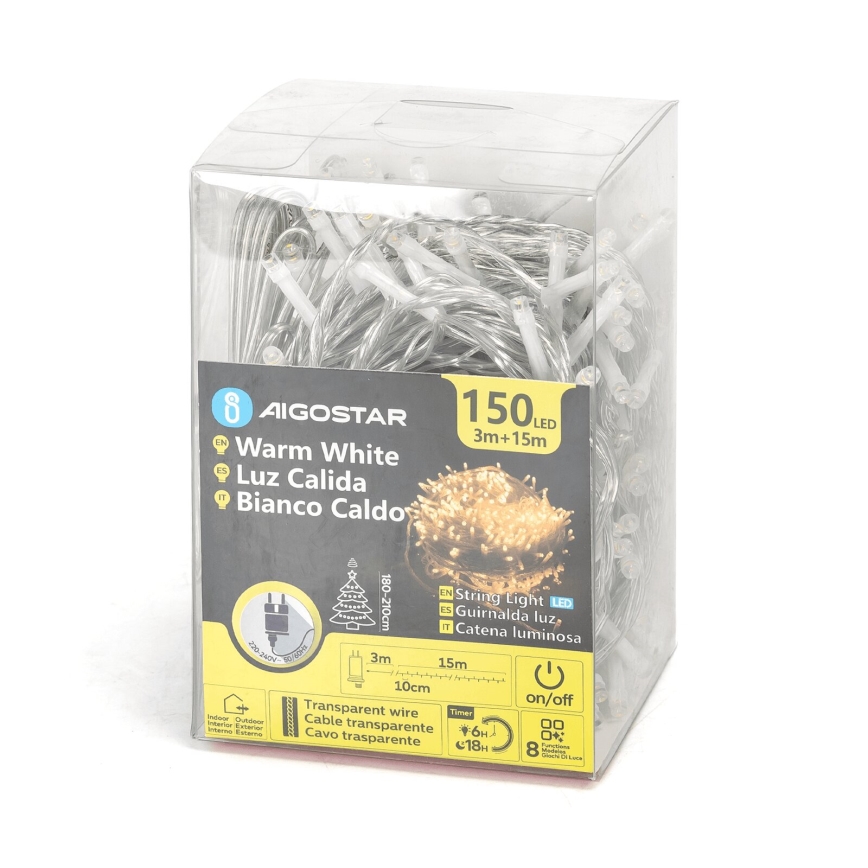 Aigostar - LED-Weihnachtslichterkette für den Außenbereich 150xLED/8 Funktionen 18m IP44 warmweiβ