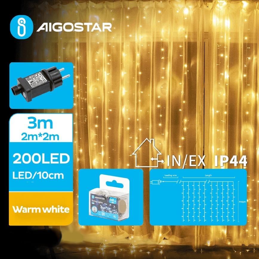 Aigostar - LED-Weihnachtslichterkette für den Außenbereich 200xLED/8 Funktionen 5x2m IP44 warmweiβ