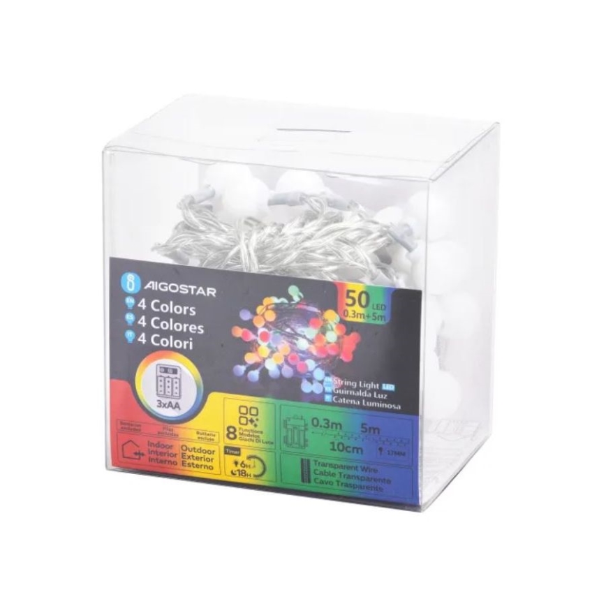 Aigostar - LED Weihnachtslichterkette für den Außenbereich 50xLED/3xAA/8 Funktionen 5,3 m IP44 mehrfarbig