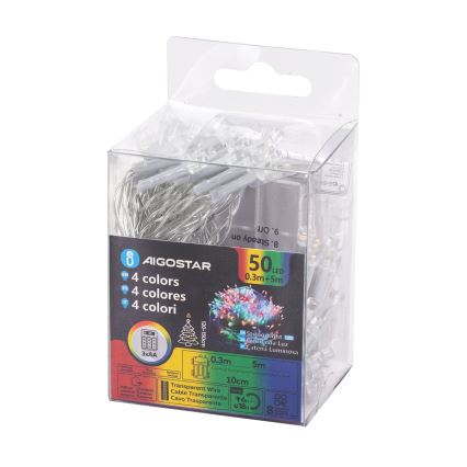 Aigostar - LED-Weihnachtslichterkette für den Außenbereich 50xLED/8 Funktionen 3xAA 5,3m IP44 mehrfarbig