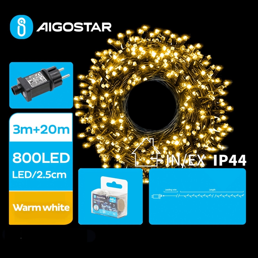 Aigostar - LED-Weihnachtslichterkette für den Außenbereich 800xLED/8 Funktionen 23m IP44 warmweiβ