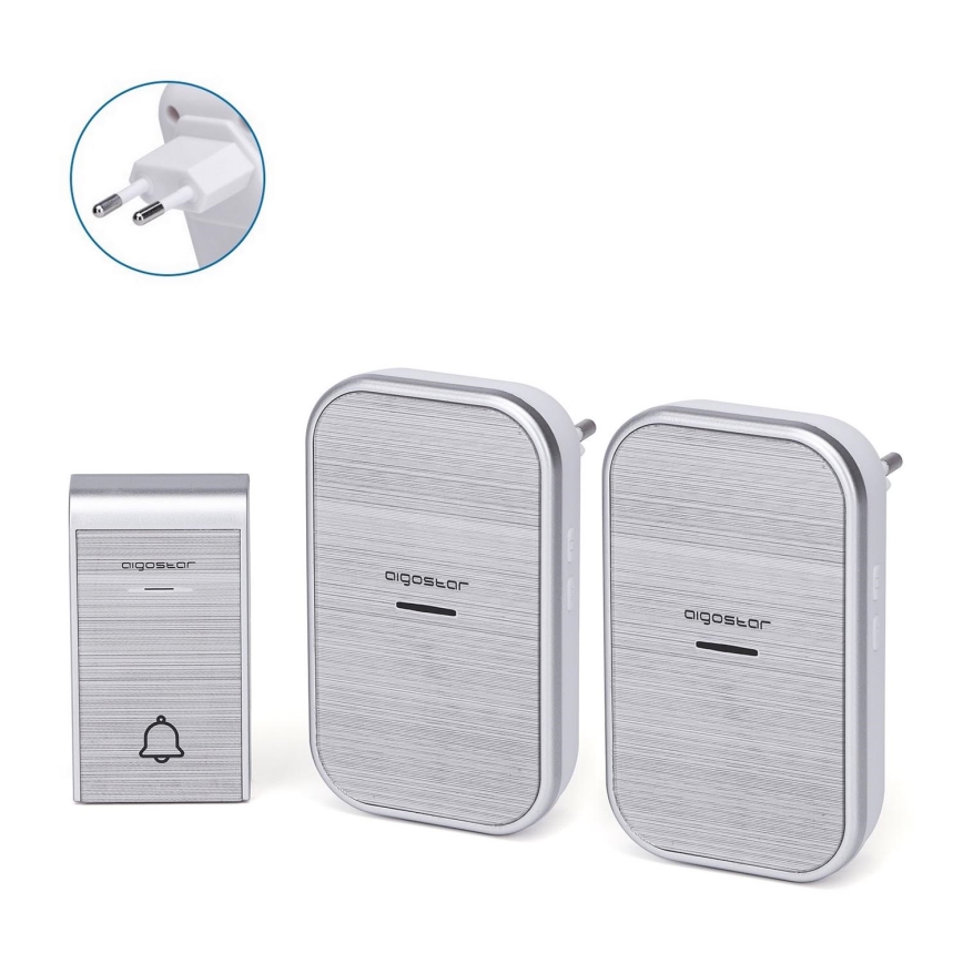 Aigostar - SET 2x Kabellose Steckdosen-Türklingel 230V/12V IP44 silbern