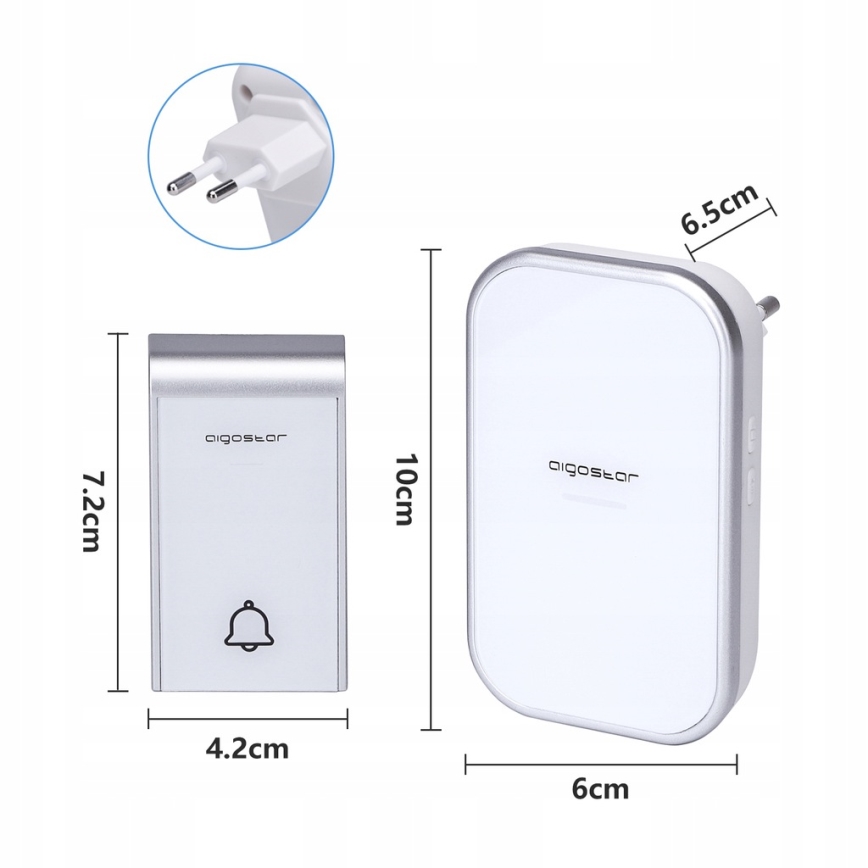Aigostar - SET 2x Kabellose Steckdosen-Türklingel 230V/12V IP44 weiß