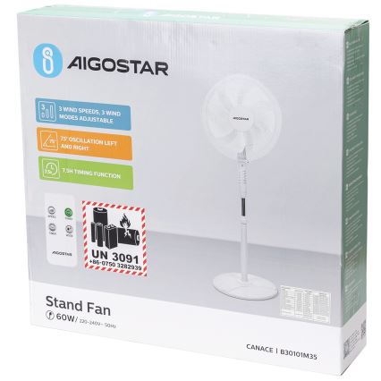 Aigostar - Standventilator 60W/230V Weiß + Fernbedienung