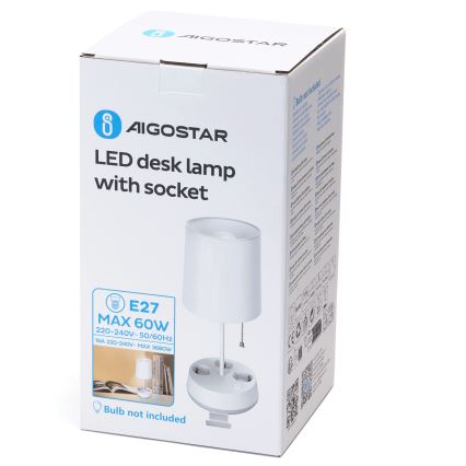 Aigostar - Tischlampe mit Steckdosen 1xE27/60W/230V weiß