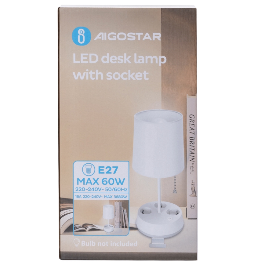 Aigostar - Tischlampe mit Steckdosen 1xE27/60W/230V weiß