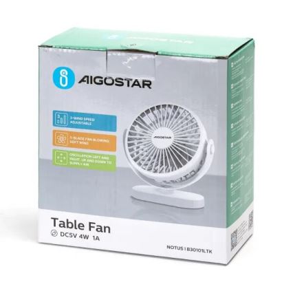 Aigostar - Wiederaufladbarer Tischventilator 4W/5V 1500mAh Weiß