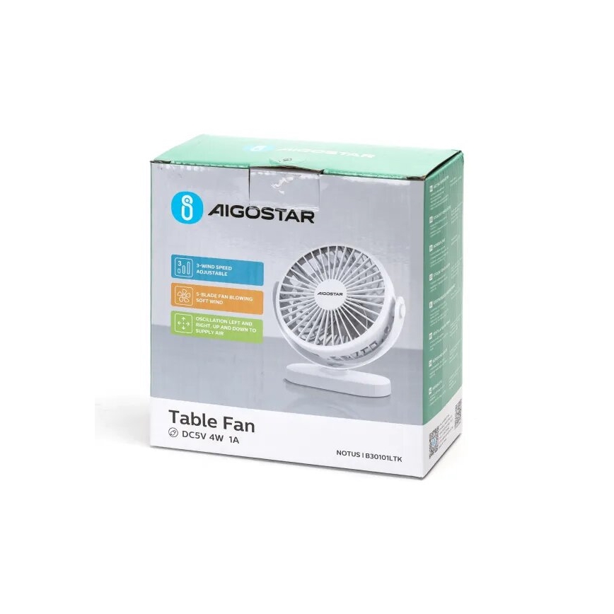 Aigostar - Wiederaufladbarer Tischventilator 4W/5V 1500mAh Weiß