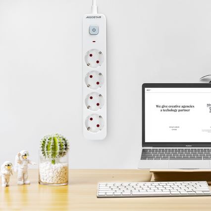 Aigostar - Verlängerungskabel mit Schalter 4-fach Typ F 1,5 m SCHUKO weiß