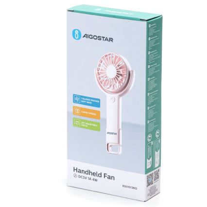 Aigostar - Wiederaufladbarer Taschenventilator 4,5W/3,7V 1200mAh USB rosa