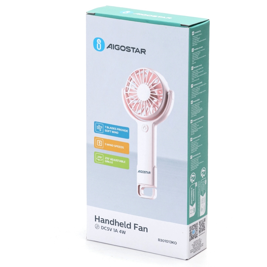 Aigostar - Wiederaufladbarer Taschenventilator 4,5W/3,7V 1200mAh USB rosa