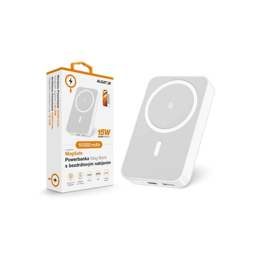 Aligator AMS04WT - Powerbank mit kabellosem Qi- und MagSafe-Laden, 10000 mAh, 15 W Power Delivery, schwarz