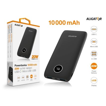 Aligator PBPD10BK - Powerbank mit LCD-Display, Power Delivery, 10000 mAh/20W/3,7V, schwarz