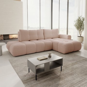 ALMADA ausziehbare, gepolsterte Eckcouch mit Stauraum, L-Form, rechts, rosa