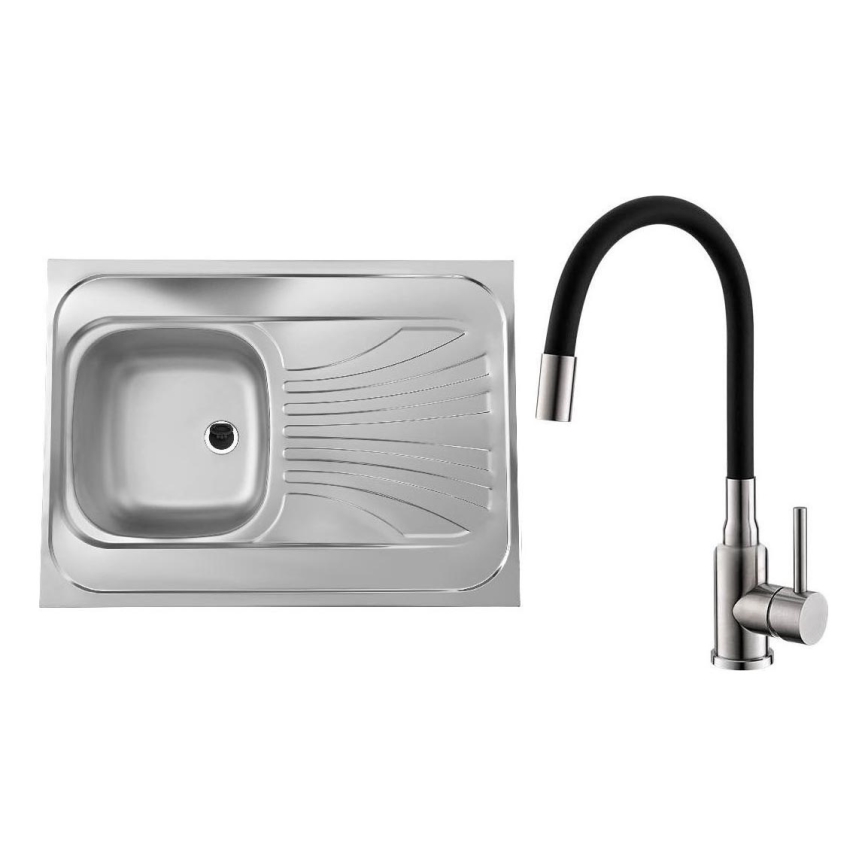 ALVEUS SETA24019 - Küchenspüle CLASSIC 80x60 cm + Spültischarmatur mit flexiblem Auslauf MINTAS 34 cm gebürsteter Edelstahl/schwarz