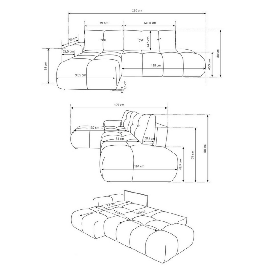 Komfortables ausziehbares gepolstertes Ecksofa ALMADA in L‑Form mit Stauraum, rechts, grau