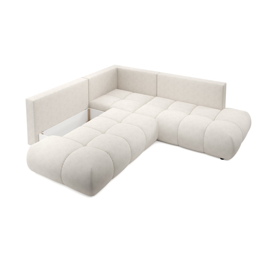 Ausklappbares, gepolstertes Ecksofa mit Stauraum in L‑Form ALMADA, links, beige